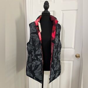 Johnny Was Black Butterfly Print Reversible Vest with Pink Lining